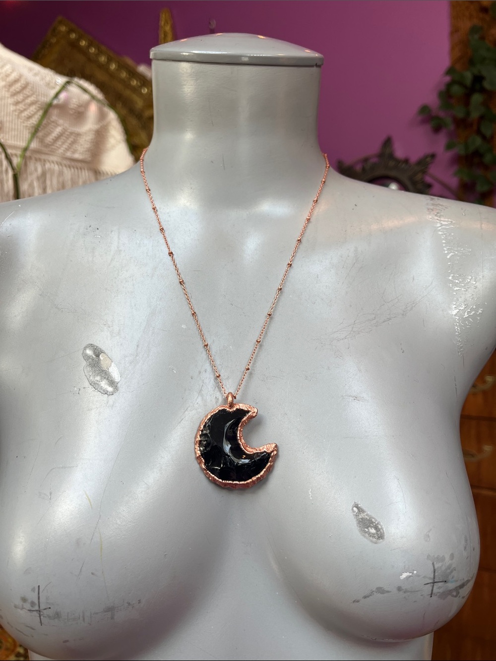 Copper electroformed + black obsidian crescent moon necklace